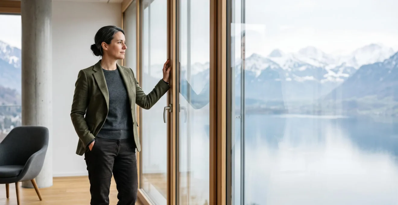 Professionnel suisse marquant une pause contemplative devant une fenêtre avec vue sur un paysage alpin, symbolisant l'équilibre entre performance et récupération