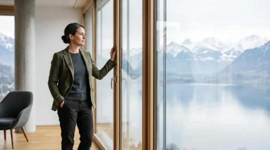 Professionnel suisse marquant une pause contemplative devant une fenêtre avec vue sur un paysage alpin, symbolisant l'équilibre entre performance et récupération