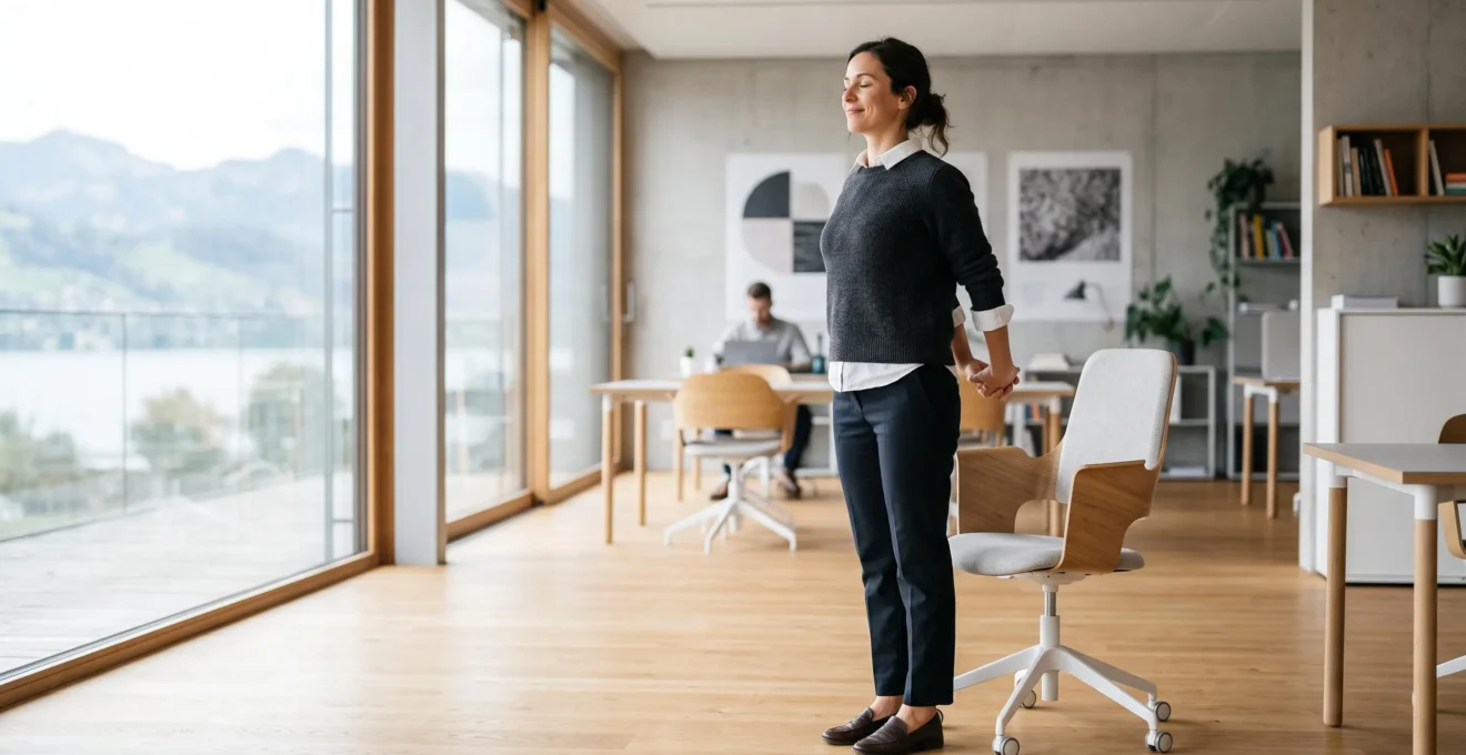 Professionnel se redressant et étirant doucement le haut du dos face à une baie vitrée dans un bureau épuré avec vue sur les montagnes suisses