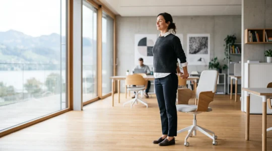 Professionnel se redressant et étirant doucement le haut du dos face à une baie vitrée dans un bureau épuré avec vue sur les montagnes suisses