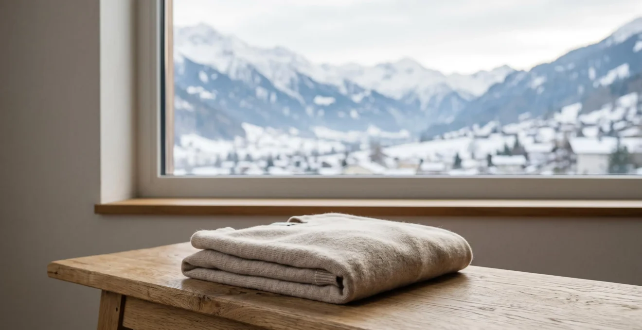 Pull en cachemire plié avec soin dans un intérieur épuré aux accents alpins suisses