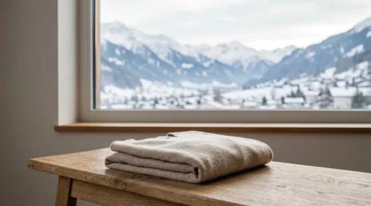 Pull en cachemire plié avec soin dans un intérieur épuré aux accents alpins suisses