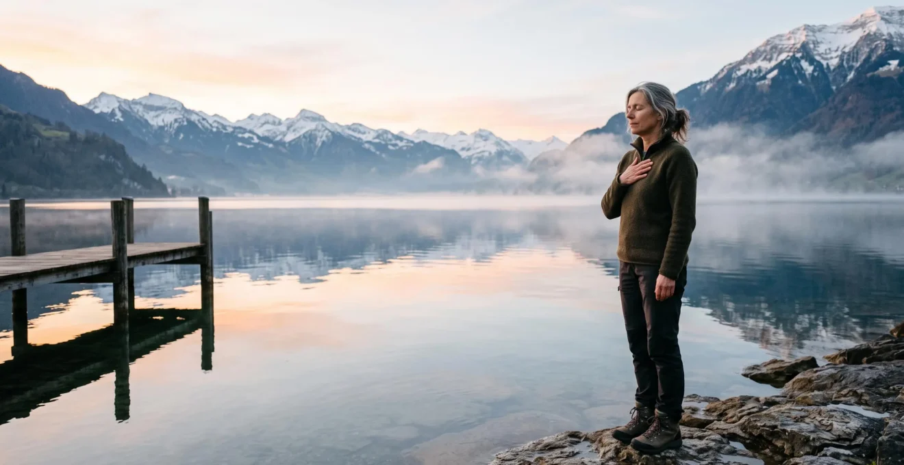 Personne pratiquant une respiration calme au bord d'un lac suisse au lever du soleil, symbole de régulation naturelle de la tension artérielle
