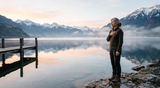 Personne pratiquant une respiration calme au bord d'un lac suisse au lever du soleil, symbole de régulation naturelle de la tension artérielle