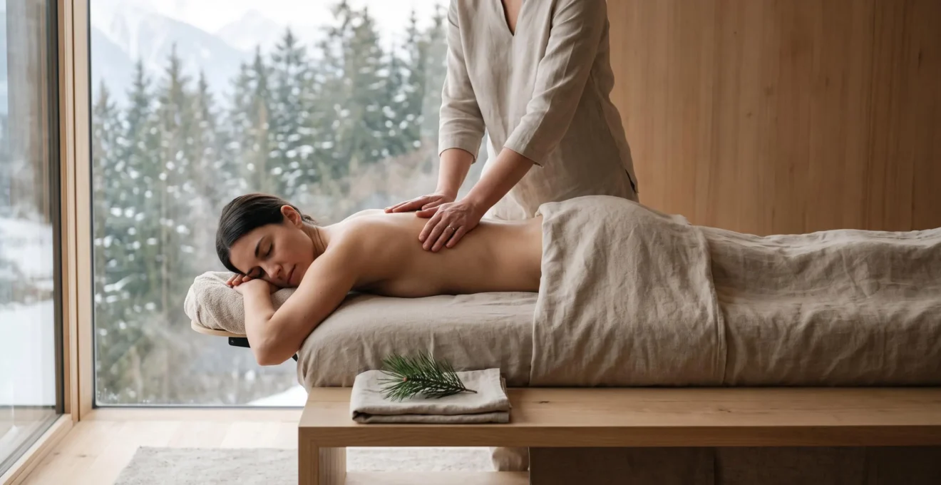 Personne allongée les yeux fermés recevant un massage apaisant dans un cadre épuré évoquant la sérénité alpine suisse