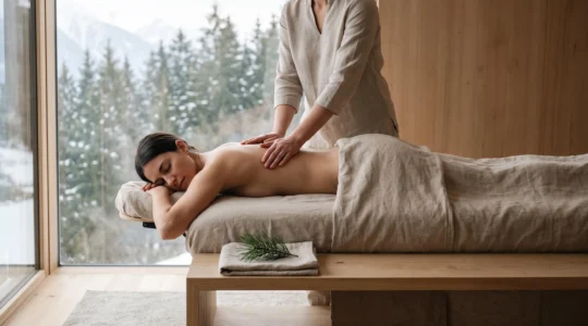 Personne allongée les yeux fermés recevant un massage apaisant dans un cadre épuré évoquant la sérénité alpine suisse