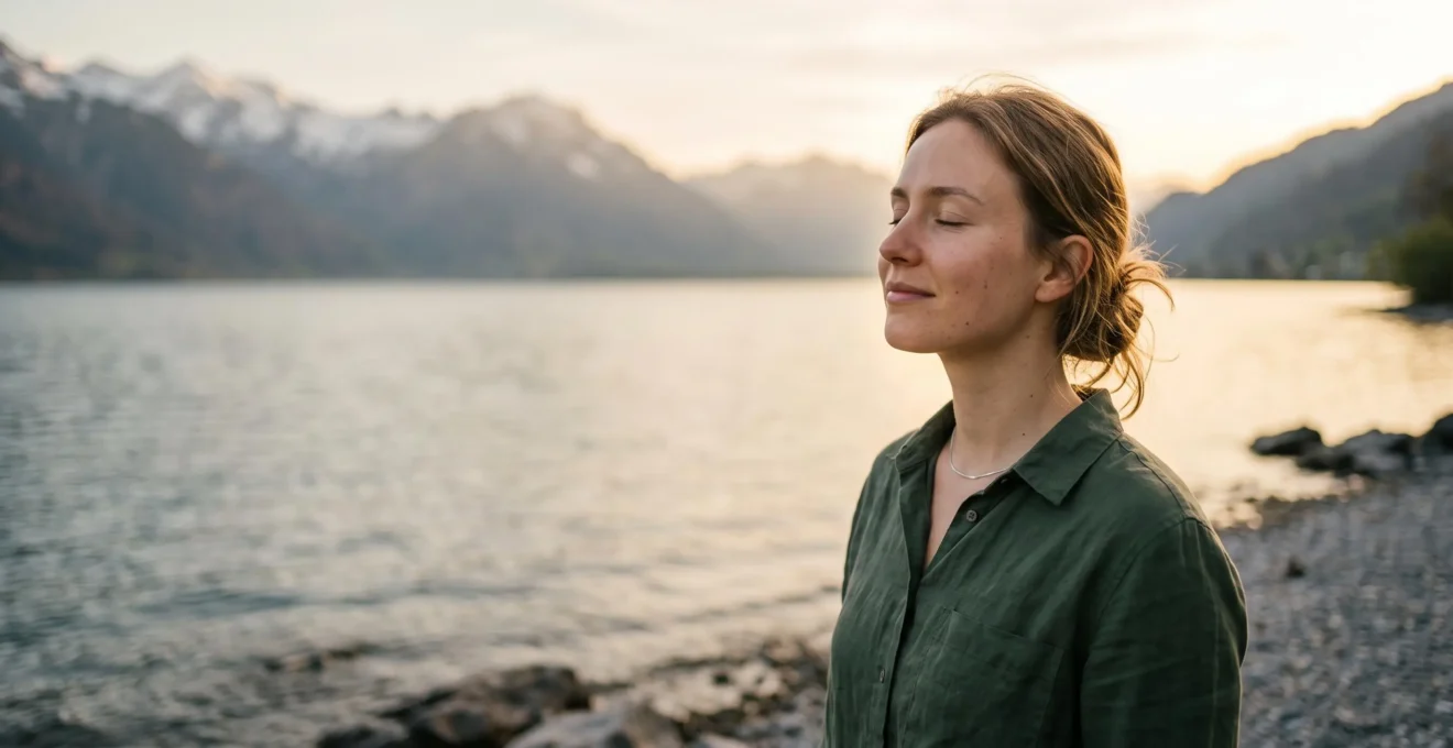 Jeune femme au teint lumineux et sain près d'un lac alpin suisse à l'heure dorée, symbolisant la préservation du capital jeunesse de la peau