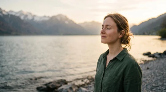 Jeune femme au teint lumineux et sain près d'un lac alpin suisse à l'heure dorée, symbolisant la préservation du capital jeunesse de la peau