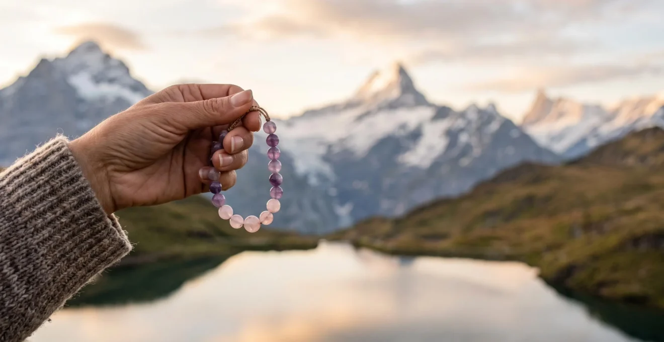 Main tenant un bracelet en pierres naturelles avec en arrière-plan un paysage alpin suisse au lever du jour