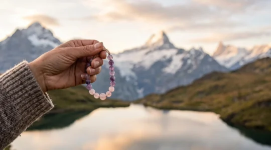 Main tenant un bracelet en pierres naturelles avec en arrière-plan un paysage alpin suisse au lever du jour