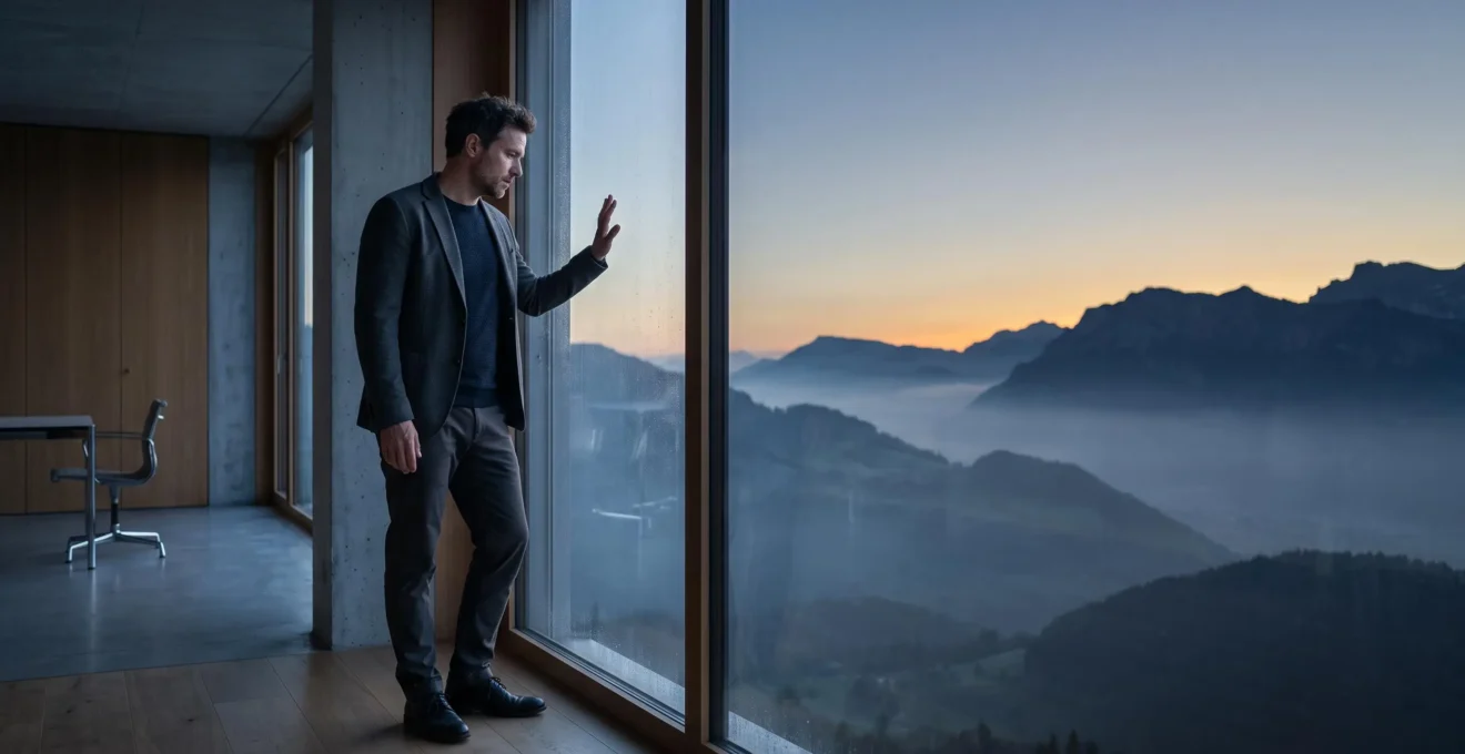 Une personne seule regarde l'aube se lever sur un paysage alpin suisse, symbolisant la prise de conscience avant l'épuisement professionnel