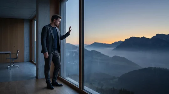 Une personne seule regarde l'aube se lever sur un paysage alpin suisse, symbolisant la prise de conscience avant l'épuisement professionnel