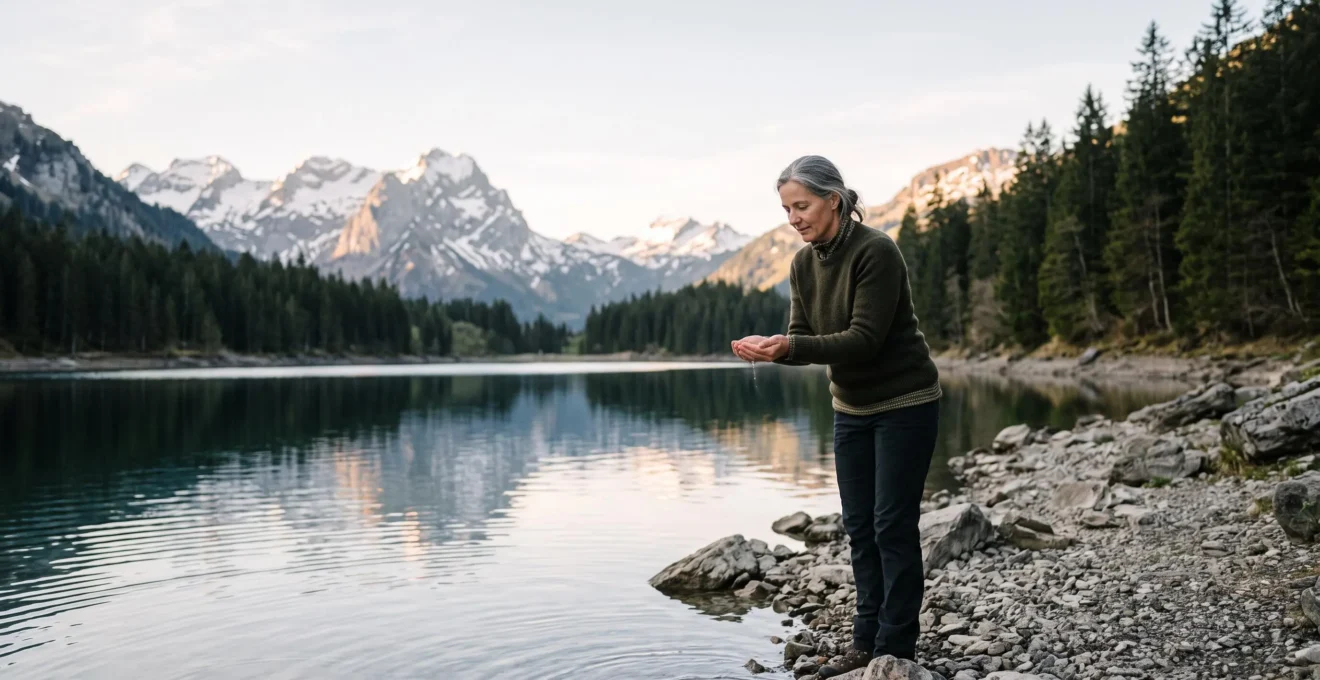 Silhouette apaisée symbolisant une detoxification progressive et securisee du corps, inspiree par un cadre alpin suisse