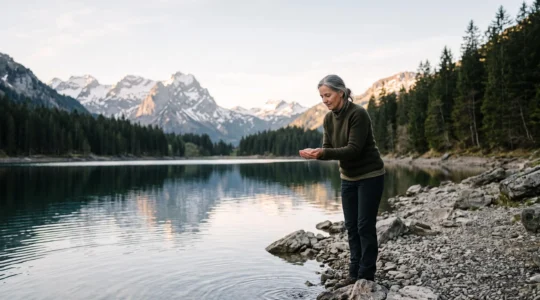 Silhouette apaisée symbolisant une detoxification progressive et securisee du corps, inspiree par un cadre alpin suisse