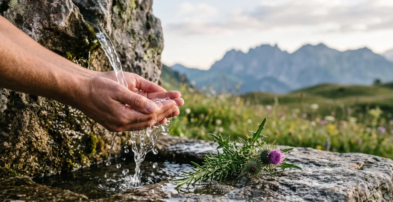 Mains recueillant de l'eau de source pure dans un cadre alpin suisse, symbolisant la purification naturelle du corps