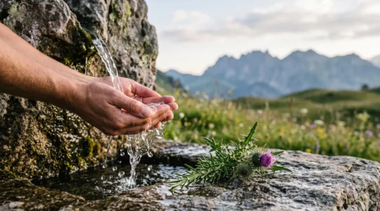 Mains recueillant de l'eau de source pure dans un cadre alpin suisse, symbolisant la purification naturelle du corps