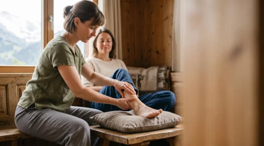 Praticienne effectuant un massage de drainage lymphatique sur la jambe d'une cliente dans un intérieur chaleureux inspiré des chalets suisses