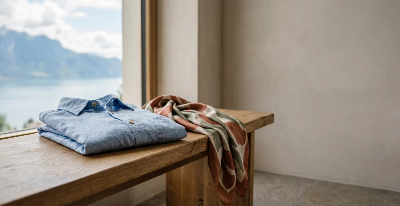 Chemise en lin et écharpe en soie posées avec élégance dans une lumière naturelle évoquant un intérieur suisse épuré