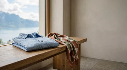 Chemise en lin et écharpe en soie posées avec élégance dans une lumière naturelle évoquant un intérieur suisse épuré