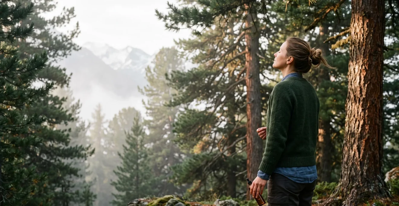Personne respirant profondément dans une foret de pins alpins suisses au lever du jour, symbole de calme et d'apaisement de l'anxiete