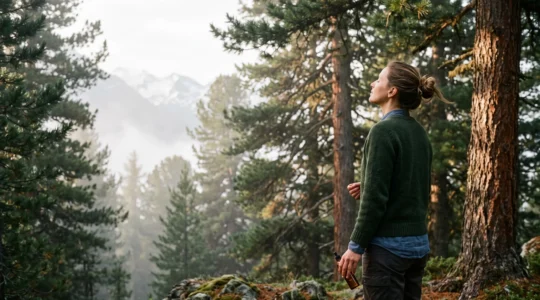 Personne respirant profondément dans une foret de pins alpins suisses au lever du jour, symbole de calme et d'apaisement de l'anxiete
