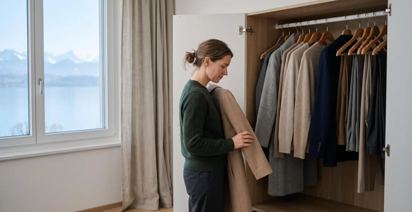 Femme choisissant une tenue élégante dans une garde-robe minimaliste baignée de lumière naturelle, avec vue suggérée sur un lac suisse