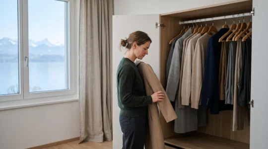 Femme choisissant une tenue élégante dans une garde-robe minimaliste baignée de lumière naturelle, avec vue suggérée sur un lac suisse