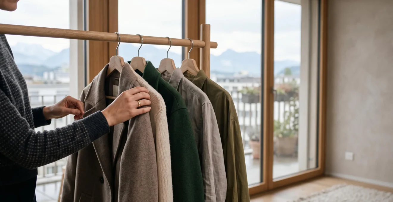 Silhouette élégante triant des vêtements durables dans une lumière naturelle douce, symbole d'un style éthique et raffiné en Suisse
