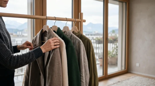 Silhouette élégante triant des vêtements durables dans une lumière naturelle douce, symbole d'un style éthique et raffiné en Suisse
