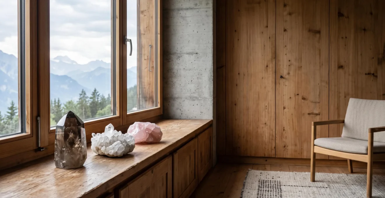 Composition de pierres et cristaux naturels disposés dans un intérieur suisse épuré baigné de lumière alpine