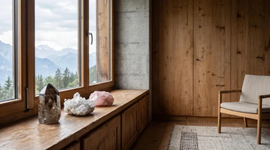 Composition de pierres et cristaux naturels disposés dans un intérieur suisse épuré baigné de lumière alpine