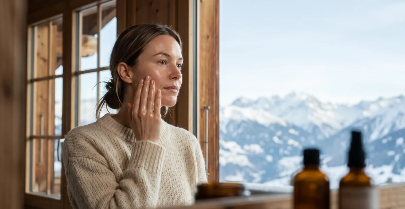 Jeune femme au teint lumineux appliquant une routine de soin en couches devant une fenêtre donnant sur un paysage alpin suisse enneigé