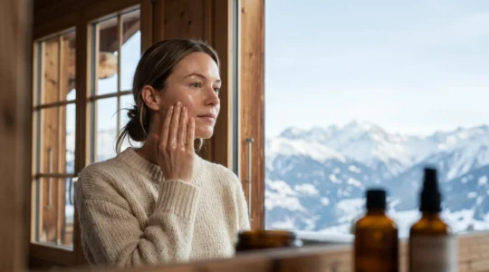Jeune femme au teint lumineux appliquant une routine de soin en couches devant une fenêtre donnant sur un paysage alpin suisse enneigé