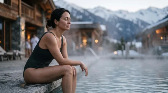 Personne se relaxant dans un bain de vapeur thermal suisse entouré de montagnes, illustrant le concept d'hyperthermie contrôlée pour la détoxification