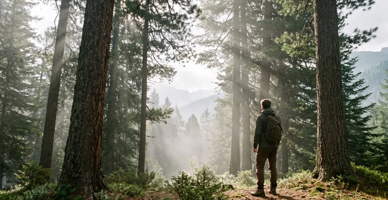 Silhouette humaine debout dans une forêt suisse baignée de lumière, symbolisant la régénération cellulaire par l'immersion en nature