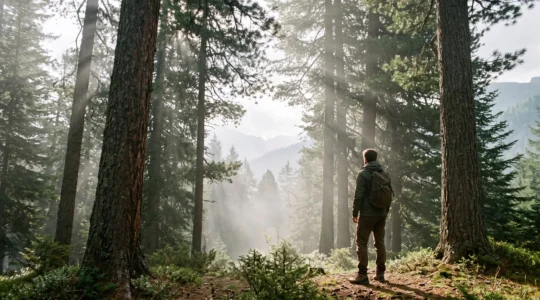 Silhouette humaine debout dans une forêt suisse baignée de lumière, symbolisant la régénération cellulaire par l'immersion en nature