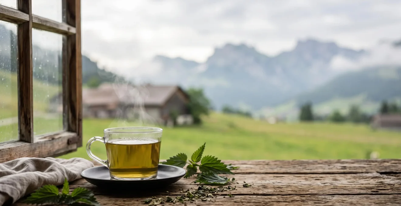 Tasse en verre d'infusion d'ortie fumante posée sur une table en bois avec des feuilles d'ortie fraîches et un paysage alpin suisse en arrière-plan flou