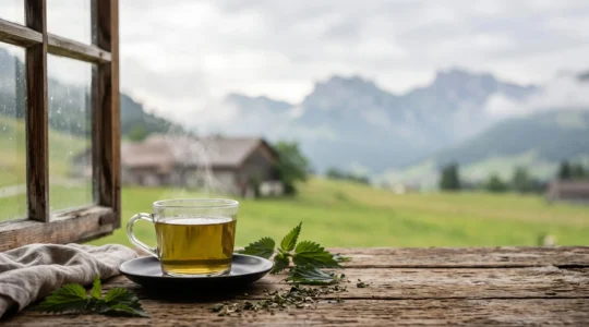 Tasse en verre d'infusion d'ortie fumante posée sur une table en bois avec des feuilles d'ortie fraîches et un paysage alpin suisse en arrière-plan flou