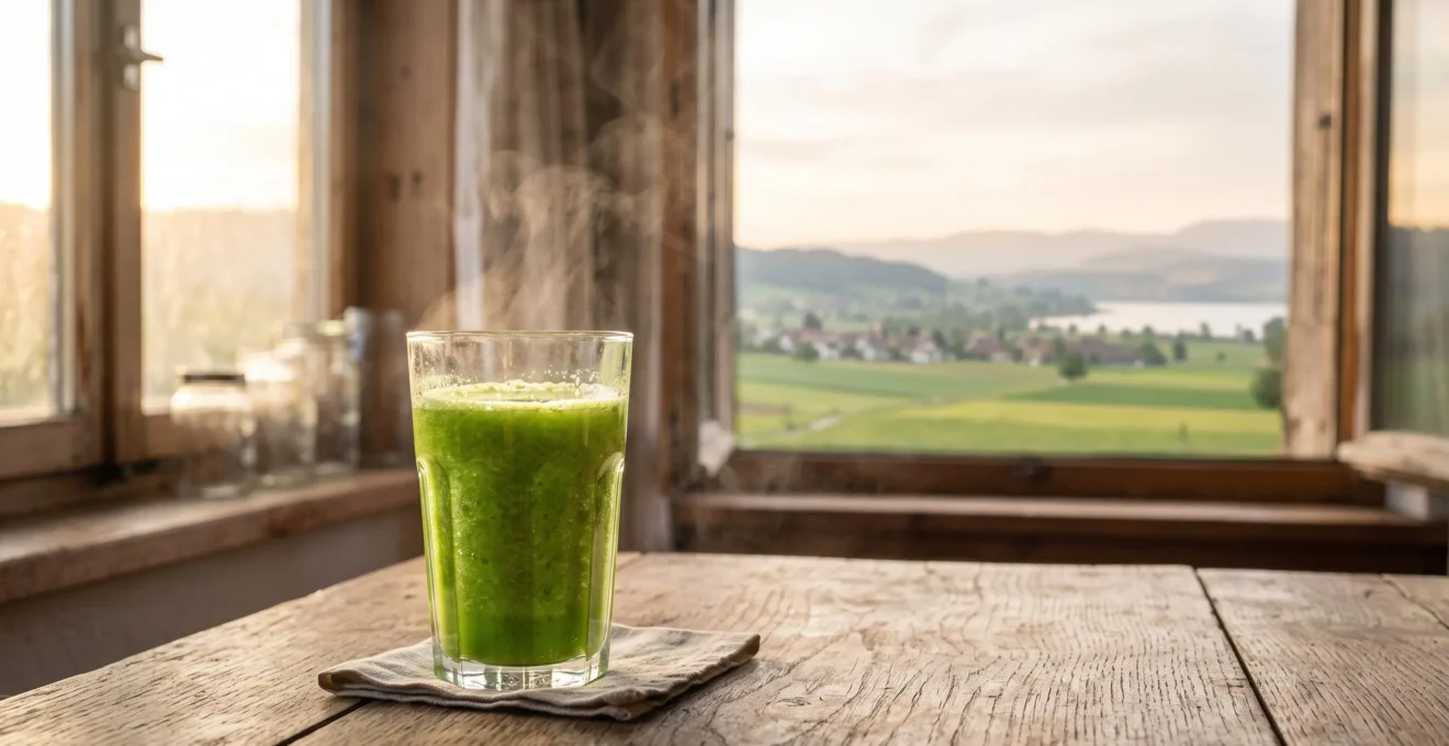 Verre de jus de céleri vert éclairé par la lumière du matin dans un cadre rural suisse, symbole de renouveau énergétique