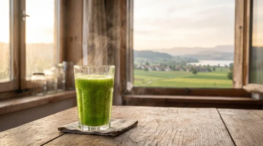 Verre de jus de céleri vert éclairé par la lumière du matin dans un cadre rural suisse, symbole de renouveau énergétique
