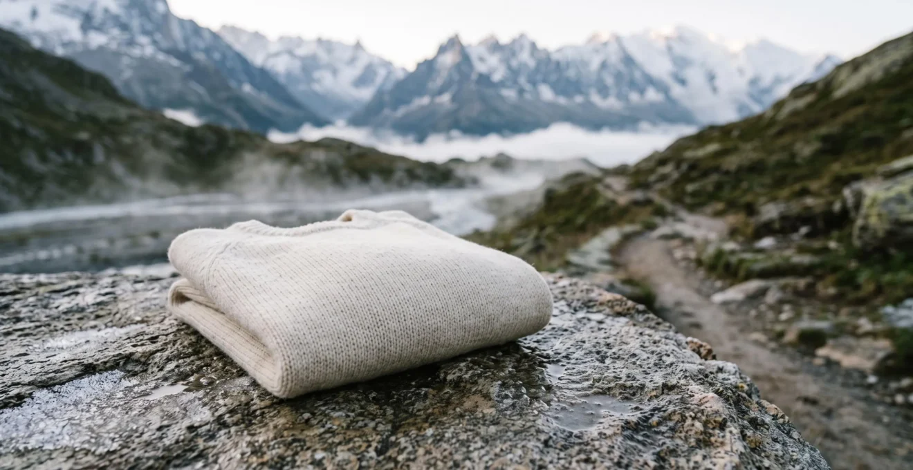 Vêtement en laine mérinos posé sur un rocher alpin suisse au lever du jour, illustrant la régulation thermique naturelle face au froid de montagne