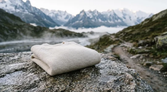Vêtement en laine mérinos posé sur un rocher alpin suisse au lever du jour, illustrant la régulation thermique naturelle face au froid de montagne