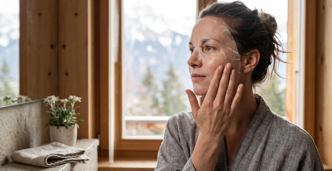 Jeune femme appliquant un masque en tissu végétal sur son visage dans une salle de bain épurée aux accents alpins suisses