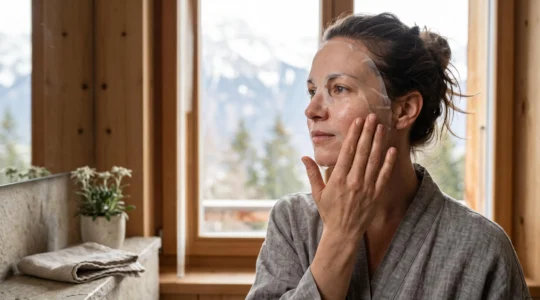 Jeune femme appliquant un masque en tissu végétal sur son visage dans une salle de bain épurée aux accents alpins suisses