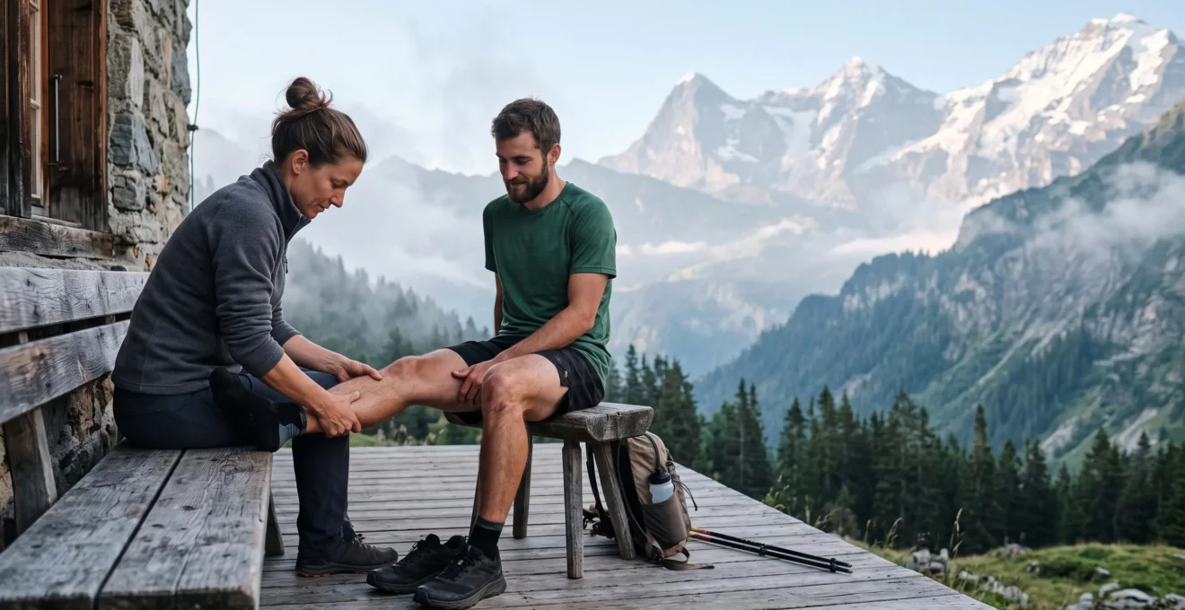 Séance de massage sportif en plein air avec vue sur les sommets alpins suisses avant une course de montagne