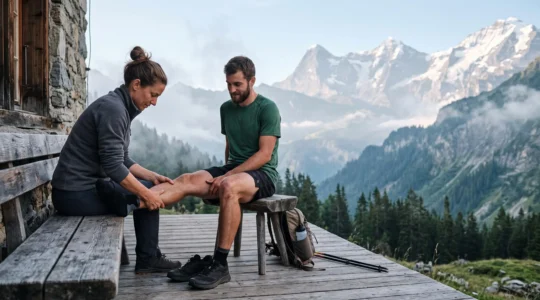 Séance de massage sportif en plein air avec vue sur les sommets alpins suisses avant une course de montagne