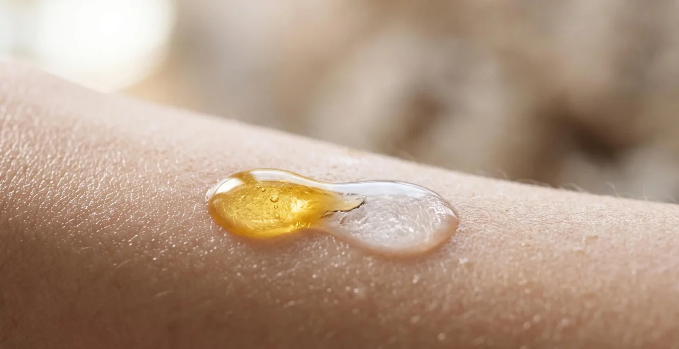 Gros plan artistique sur des gouttes de serum nettoyant doré fusionnant avec de l'eau pure sur une peau lumineuse, evoquant la purete alpine