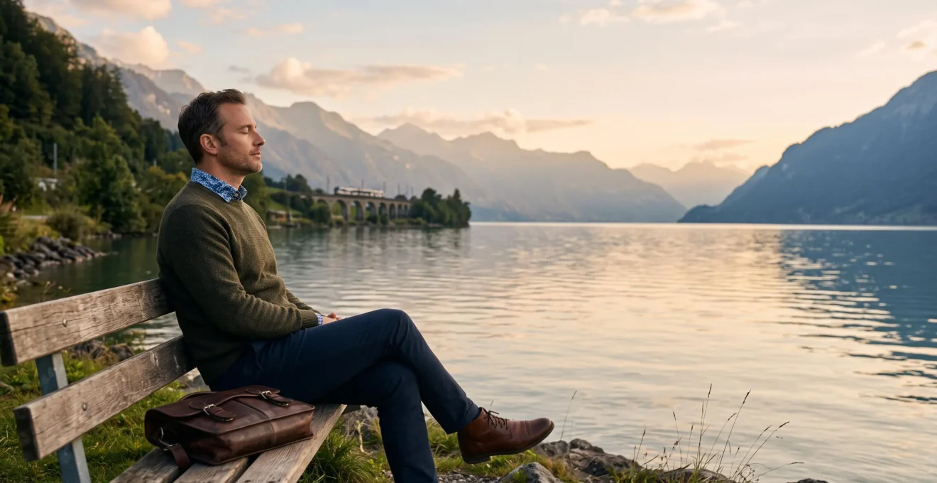 Personne assise sur un banc en bois face à un lac suisse et aux montagnes, incarnant une pause consciente entre deux temps de travail efficaces
