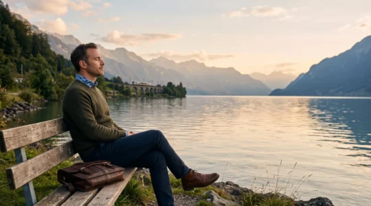 Personne assise sur un banc en bois face à un lac suisse et aux montagnes, incarnant une pause consciente entre deux temps de travail efficaces