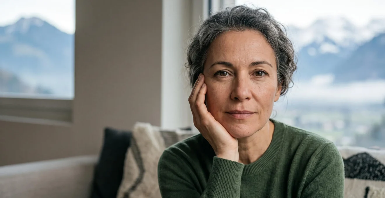 Portrait editorial evoquant le diagnostic personnalise d'une peau mature dans un cadre suisse alpin